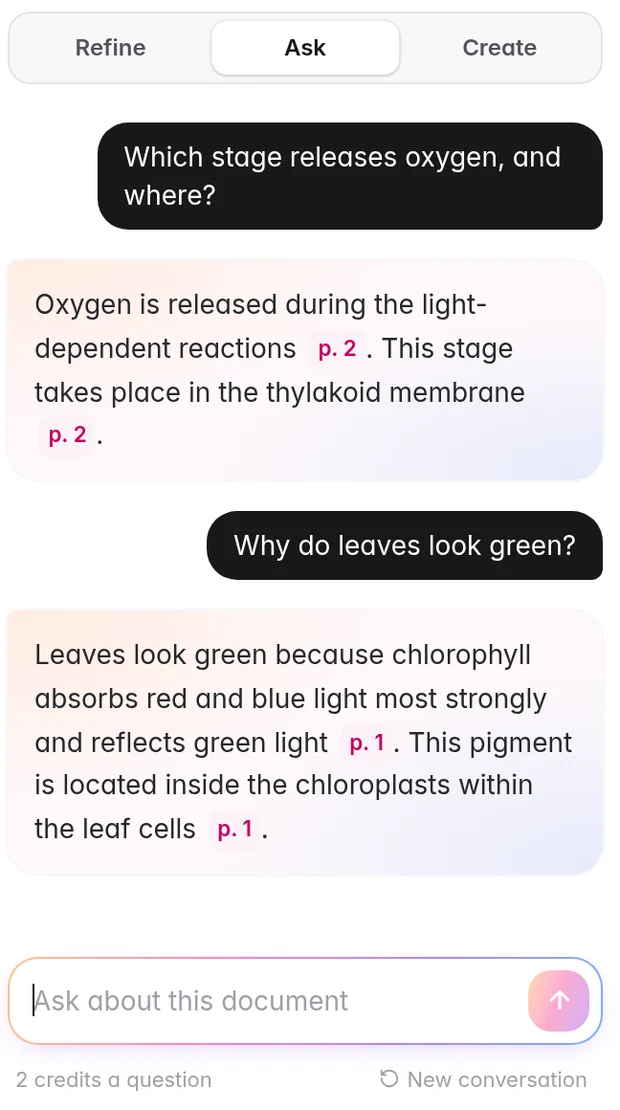 A question about photosynthesis answered with citations to page 2